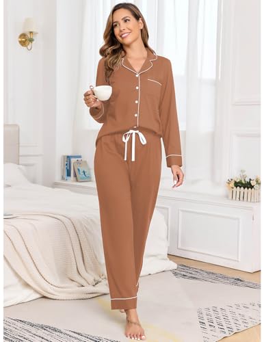 Image of Veseacky 100% Cotton Women's Pajama Set Long Sleeve Button Down Sleepwear Soft Pjs Lounge Sets Nightwear Pjs XS-XXL