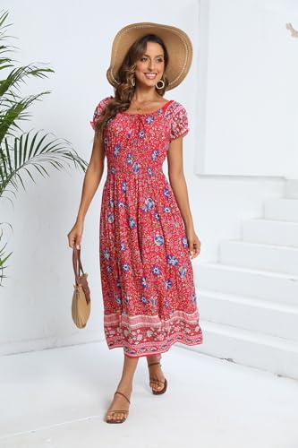 Image of OSTOO Women's Floral Maxi Dress Boho Summer Short Sleeve Smocked Waist Tiered Long Dress