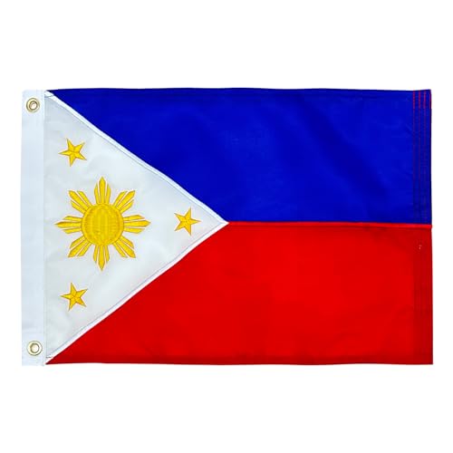 AZCOVER Philippines Flag 12x18 Outdoor, Small Philippines Flags Embroidered, Filipino Flags for Boat 210D Heavy Duty Nylon, Embroidered Sewn Stripes Banner with 2 Brass Grommets
