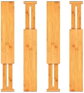 Pipishell Bamboo Drawer Dividers, Adjustable Dresser Drawer Organisers, Spring Loaded Kitchen Utensil Drawer Organiser Dividers for Cutlery Drawer Wardrobe, Clothes, Bathroom, Baby Drawer, Tools
