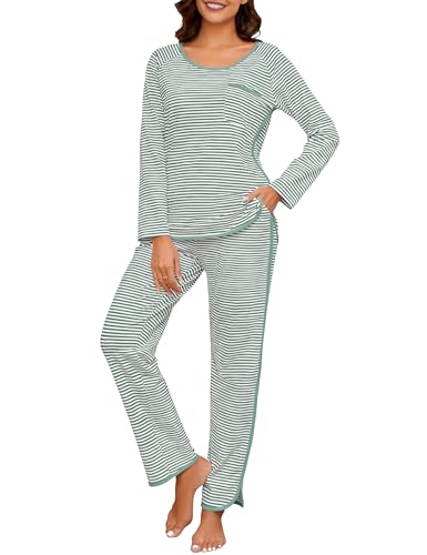 Image of Namatime Womens Cotton Pajama Sets Stripe 2 Piece Lounge Set Long Sleeve Comfy Pj Sets Fall Loungewear Sleepwear with Pockets