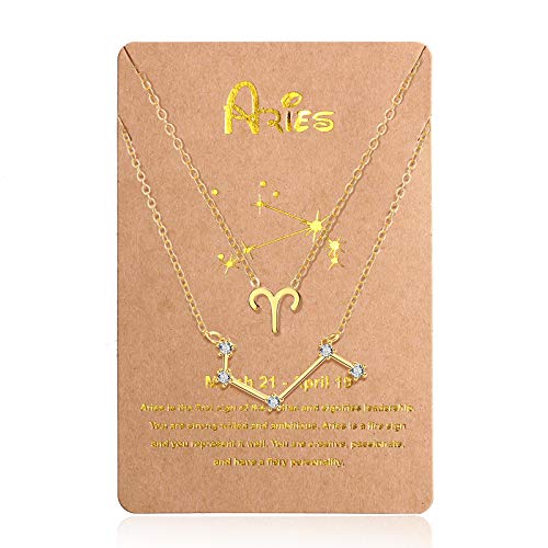 Hicarer 2 Pieces Zodiac Sign Pendant Necklaces 12 Chain Necklaces Gold Silver Astrology Horoscope Sign Crystal Necklaces with Card for Valentine's Day Women Girl (Aries)