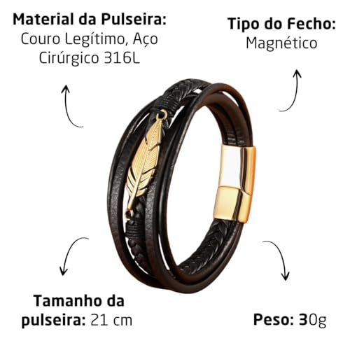 Pulseira Masculina de Couro com Fecho Magnético - Feather + Bolsa de Veludo