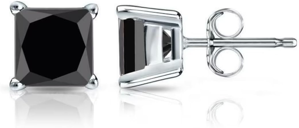 1/4 Carat Black Diamond Stud Earrings 4mm Princess Cut Square Black Diamonds Set in 14k White Gold For Women And Men Featuring Classic 4 Prong Setting and Secure Push Back By Paris Jewelry