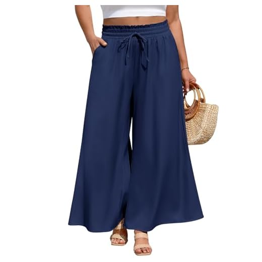 PASUDA Pantalon Fluide Femme Été Grande Taille Léger Pantalons Ample Décontractée Longueur Taille Haute Elastique Jambe Large Palazzo Pantalons Chic et Elegant avec Poches(Bleu Marine,XXL)
