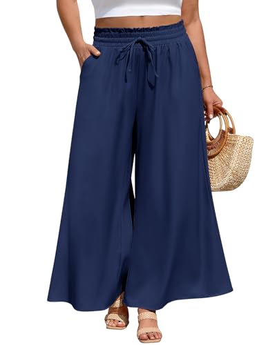 PASUDA Pantalon Fluide Femme Été Grande Taille Léger Pantalons Ample Décontractée Longueur Taille Haute Elastique Jambe Large Palazzo Pantalons Chic et...