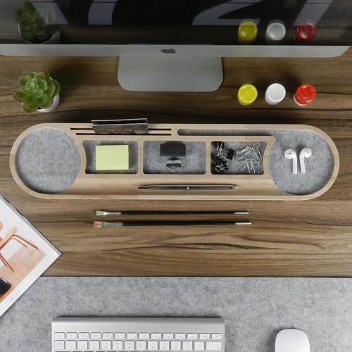 Image of Wooden Desk Organizer with Phone Stand, Multi-Compartment Stationery Holder, Natural Wood Finish (STYLE-5)