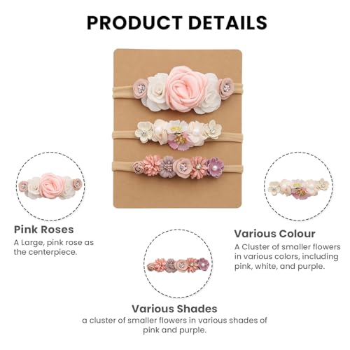 Image of SYGA 3 Pack Baby Girl Floral Headbands - Soft Stretchable Nylon Flower Comfortable Elastic Hairbands for Newborns, Infants & Toddlers 0-3 Years (Design-3)