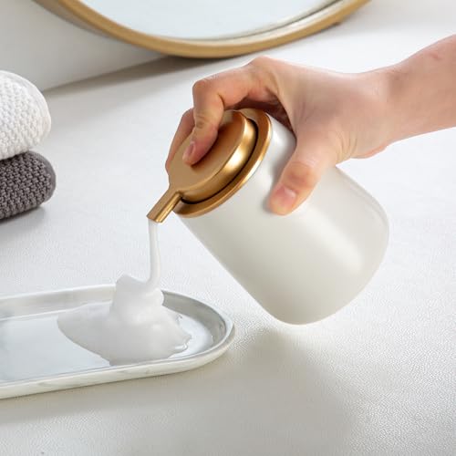 Image of Enra Foaming Soap Dispenser,12 oz Beige Ceramic Modern Foam Hand Soap Dispenser for Bathroom,Kitchen with Easy-to-Press Pump (White Foam Gold Pump)