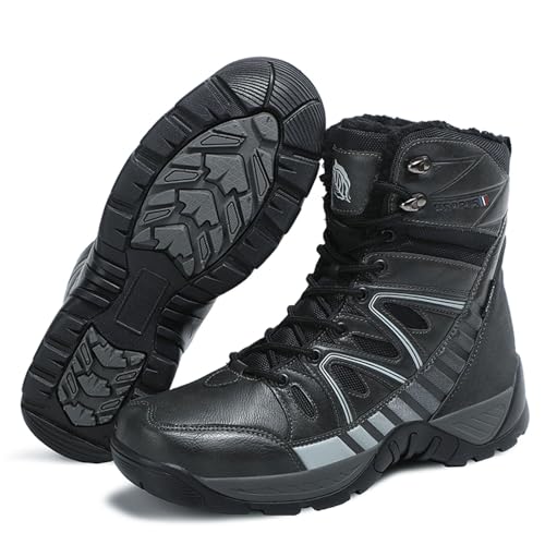 LDZDGD Botas Tácticas de Combate para Nieve Cálidas y Afelpadas de Invierno, Zapatos de Senderismo de Caña Alta, Impermeables y Antideslizantes, Botas de Trabajo de Cuero Militar(Gray,42 EU)