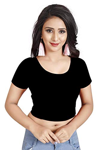 Indian Ethnic Design Stretchable Cotton Lycra Blouses Black Tops Readymade Saree Blouses Short Sleeve Crop Top