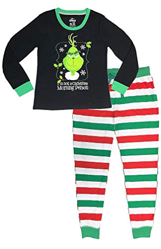 MJC Women's Dr. Seuss Grinch Not A Christmas Morning Person Ladies Pajamas (Large) Black