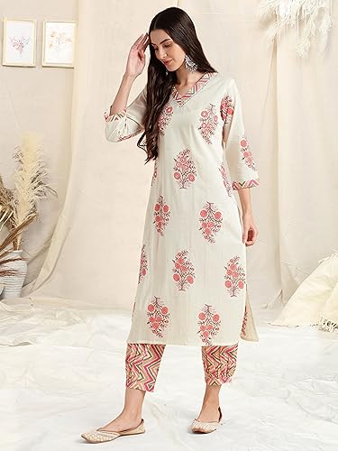 Image of MIRCHI FASHION Pure Cotton Women Straight Printed Embroidery Work Kurti Set with Dupatta and Pant