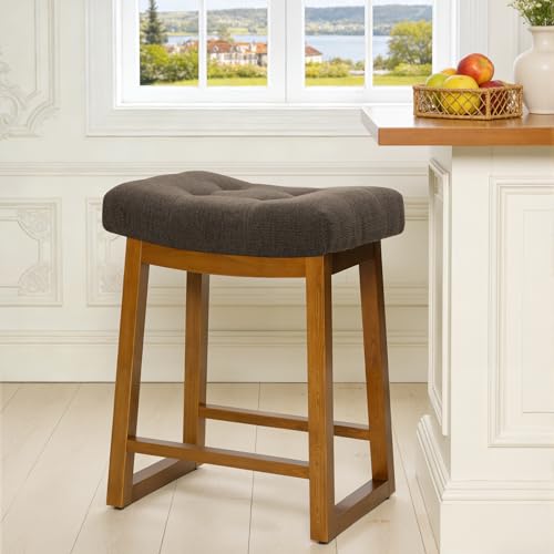 Image of Bar Stool, Backless Counter Height Saddle Bar Stool with Walnut Legs & Upholstered Fabric Seat, Modern Wooden Counter Stool for Kitchen Island, Home Bar, Brown