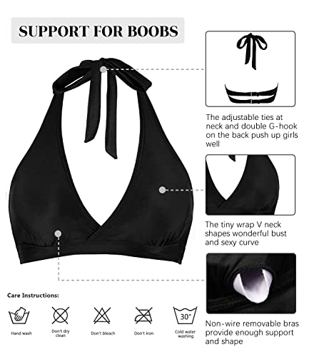 Women's Supportive Halter Bikini Padded Push Up Ruched Bust Hook Back Swimsuit Bathing Suit Tops Only4