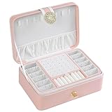 YEDECOR Joyero organizador de 2 capas para mujer, estuche de almacenamiento de joyas de piel sintética con bandeja extraíble para collares, aretes, anillos, pulseras, color rosa
