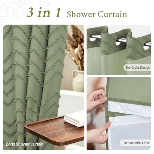 WONICY No Hook Tufted Chevron Shower Curtain with Liner, Sage Green, 71x86 by WONICY - Used condition - Image 4