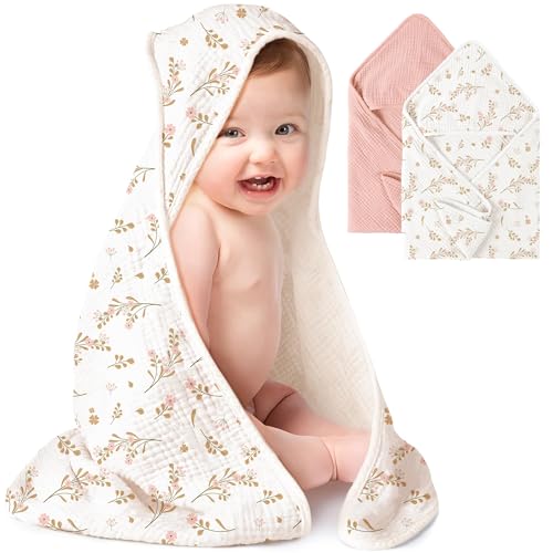 Konssy 2-Pack Muslin Hooded Baby Towels, 100% Cotton, Ultra-Soft & Absorbent Baby Bath Towels with Hood for Newborn & Infant (Pink, Floral,32″ x 32″)