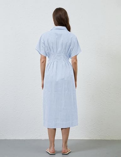 Image of MSBESYOR Women Button Front Pleated Shirt Maxi Dress Summer Striped Prints Short Sleeve Collar Casual Long Dresses