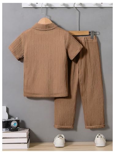 Image of RoseSeek Boy's 2 Piece Outfits Textured Button Down Short Sleeve Collar Shirts Tops and Elastic Waisted Pants Brown 6Y