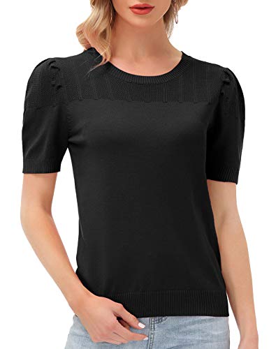 Kancy Kole Women's Short Sleeve Crewneck Basic Casual Knit Pullover Sweater Tee(M,Black #TOP17