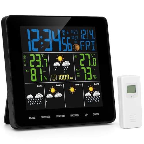 Silvergear® Station Météo sans Fil avec Capteur Extérieur | Mesures Complètes | Prévisions Météo sur 5 Jours | Hygromètre Intérieur | Mesure De L’Humidité | Thermomètre | Noir