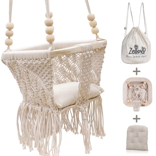 Zellovy Organic Macrame Baby Swing Chair With Cushion & Portable Canvas Backpack | Boho Baby Swing Outdoor Indoor Infants & Toddler | Hanging Rope Baby Gift Swing | Handmade Crochet Baby Hammock Swing #TOP25