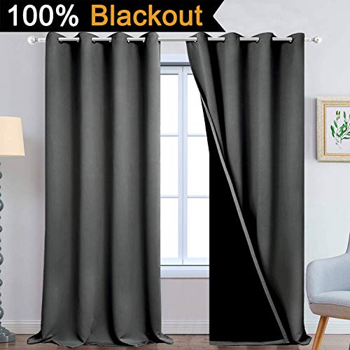 Image of Yakamok Dark Grey 100% Blackout Curtains 108 Inches Long 52 inch Wide 2 Panels | Blackout Curtain Panels for Bedroom, 2 Thick Layers Grommet Top Thermal Insulated Drapes with Black Liner for Living Room