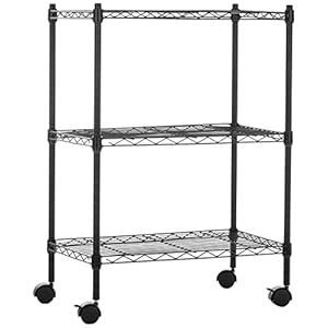 Amazon Basics 3-Shelf Narrow Storage Unit On Wheels With Height Adjustable Shelves and Levelling Feet, 340 kg Max Weight, Black, 34 cm D x 58.9 cm W x 83.2 cm H