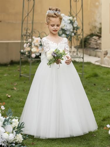 Flower Girl Dresses for Wedding Puffy Tulle Princess Pageant Dress with Bow-Knot Lace Applique Formal Ball Gonws3