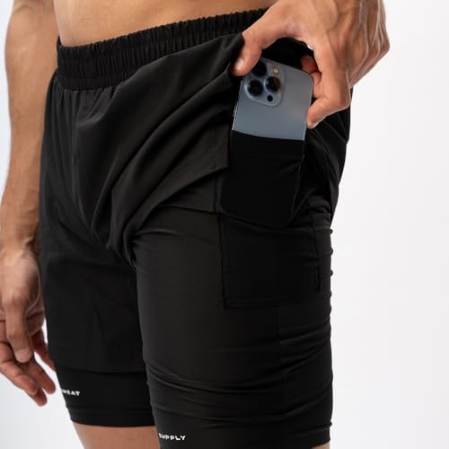 Image of Men's 2-in-1 Running Shorts | Built-in Compression Liner | 86% Nylon 14% Spandex | Zip Pockets | Anti-Chafe Quick-Dry | Reflective (in, Alpha, 2XL, Regular, Onyx Black)