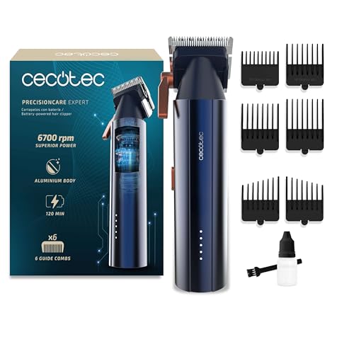 Cecotec Cortapelos con Motor Brushless Digital PrecisionCare Expert. 6700rpm, 2 Velocidades, 6 Peines Guía, Cuchillas de Acero Japonés, Cuerpo de Aluminio, Autonomía 2h, Ajuste de Longitud 0.8-2mm