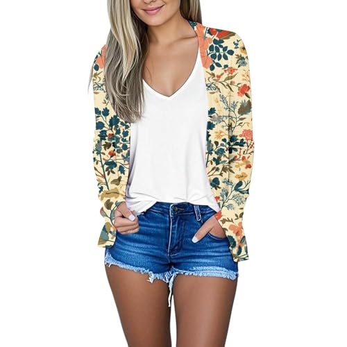 Cárdigan de punto largo para mujer, estampado floral ligero, cárdigan de punto, chaqueta de entretiempo, corte holgado, chaqueta de ocio, cómoda chaqueta de otoño, S-2XL, amarillo, XL