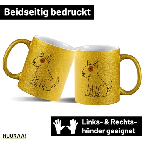Huuraa Glitzer Kaffeetasse Bullterrier Comic Bulli Geschenk 330ml Gold Bullterrier Geschenkidee