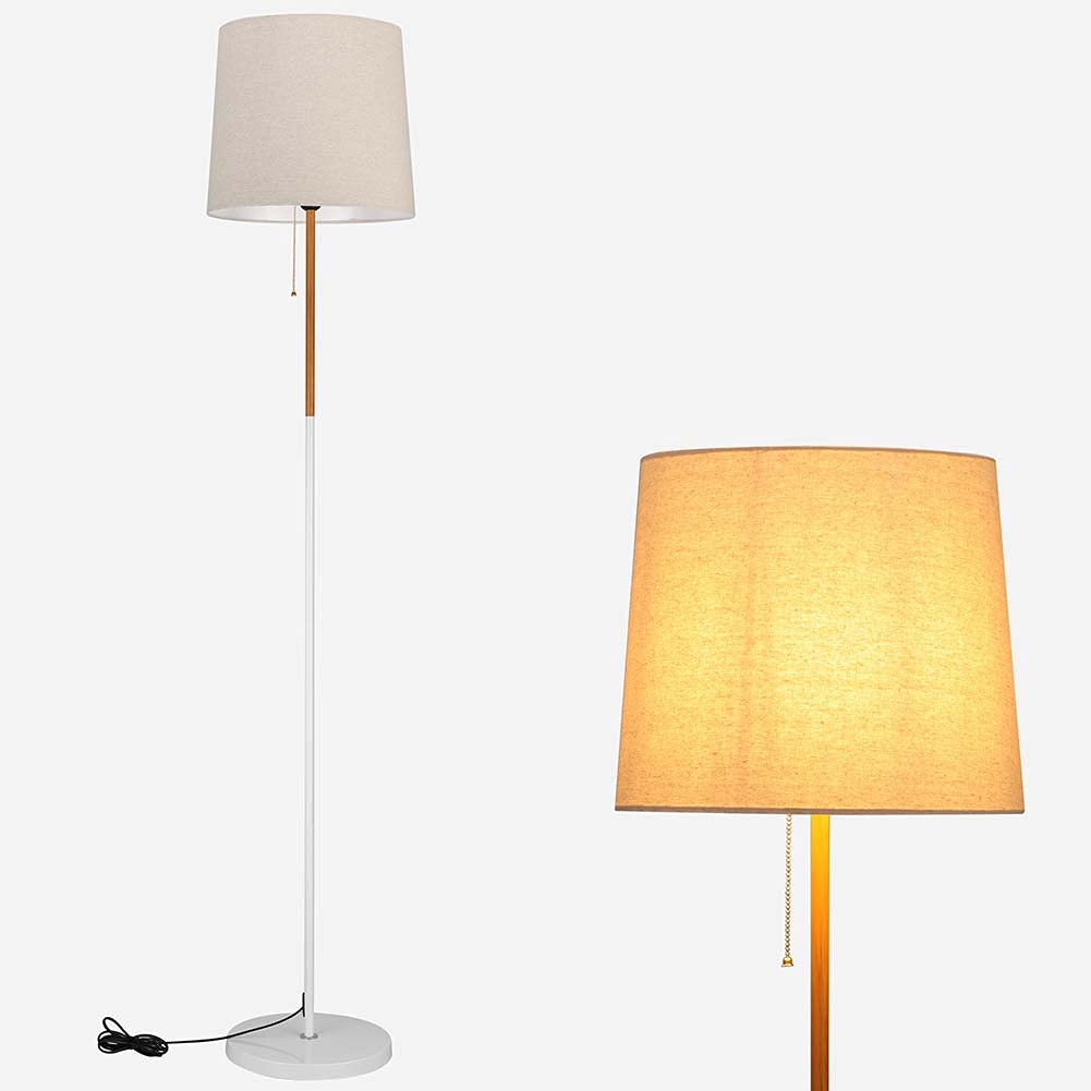 BAKAJI Lampada Piantana da Terra Luce Lampadina E27 Max 60W Base Rotonda Struttura in Metallo e Legno Paralume in Tessuto Design Moderno Accensione a Catena Altezza 170 cm (Bianco)