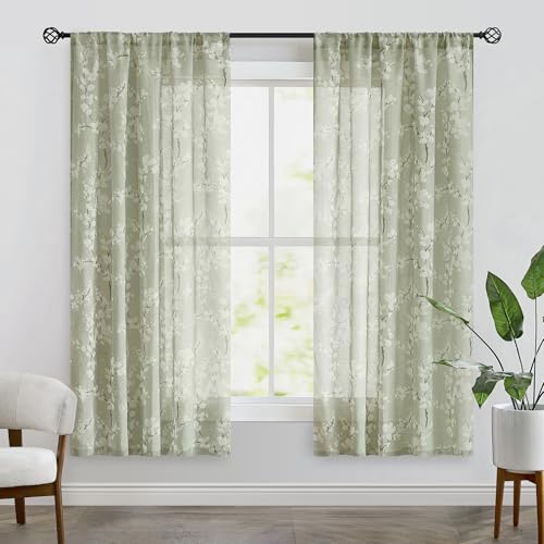 Image of FMFUNCTEX Linen Sheer Blossom Floral Curtains Sage Green 63 Inch 2 Panels