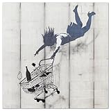 Giallobus - Cuadro - Banksy - Mujer cayendo con carrito de compras - Vidrio acrílico - 100x100 - Listo para colgar - Cuadros modernos para el hogar