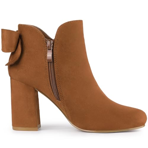 Allegra K Allegra K Women's Round Toe Bow Decor Chunky Heel Brown Ankle Boots 5.5 M US