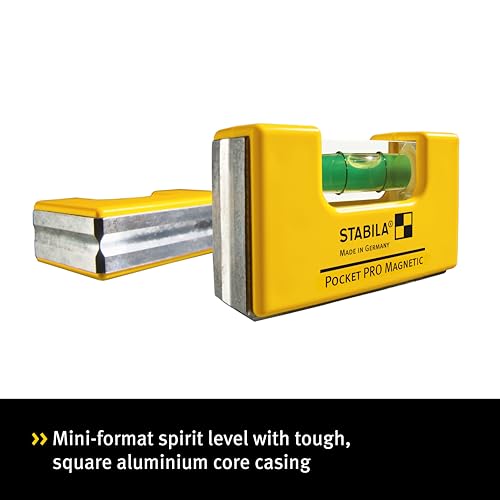 STABILA Pocket PRO Magnetic mini spirit level with belt clip, 7 cm, strong rare earth magnet, 1 horizontal level, made in Germany, yellow, 15 x 8 x 20 cm