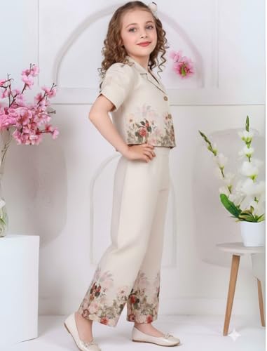 Image of BLOOD PANTHER Girls Floral Printed Cotton Blend Co-Ord Set - Stylish Summer Outfit with Crop Top & Wide-Leg Pants - Dress for Kids