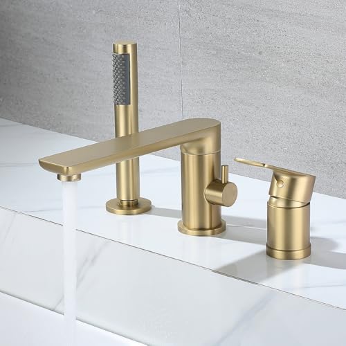 Grifería para bañera romana con ducha de mano, montaje en cubierta, acabado en oro pulido miniatura 1