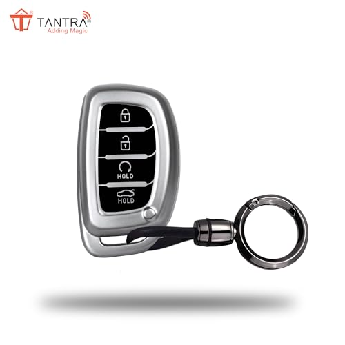 Image of SIAGO TPU Key Cover and Round Keychain Compatible for Hyundai Alcazar and Creta 2021 2022 & 2023 Car 4 Button Smart Key Grey