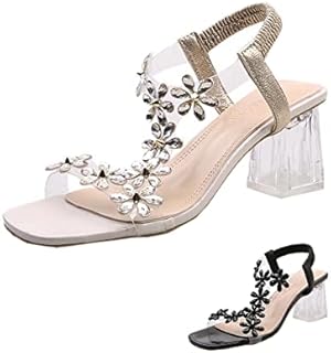Women Rhinestone Flower Clear Block Heel Sandals,Fashion Elastic Ankle Strap Chunky High Heel Open Toe Sexy Elegant Dress Shoes Square Toe Heels Party Wedding Sandals