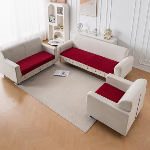 Image of HOKIPO 'Serenity Tassel' Chenille Sofa Cover 6 Seater Set with Tassels - Washable 3+2+1 Sofa Cover Mat | Crimson Ruby (IN-890 + IN-891 + IN-892 - MRN)
