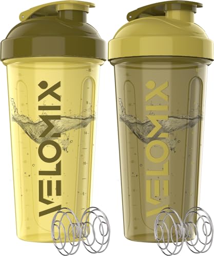 Image of VELOMIX -2 Pack- 28 oz Protein Shaker Bottles for Protein Mixes - 2x Wire Whisk | Leak Proof Shaker Cups for Protein Shakes | Protein Shaker Bottle Pack | Shakers for Protein Shakes-Brown Combo