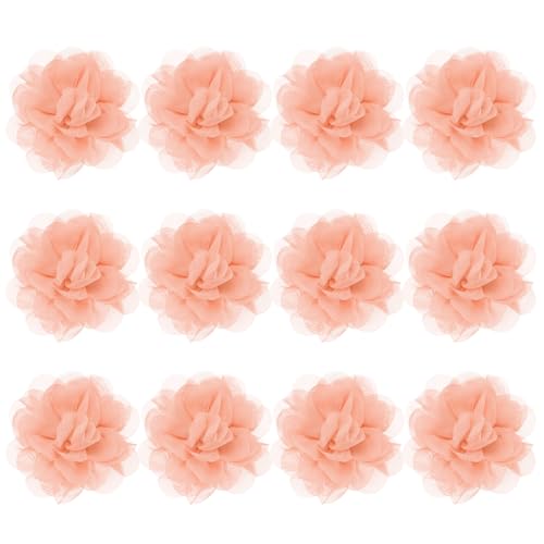 M METERXITY 12-Pack Chiffon Flowers 3.94 x 3.94 Inch Mesh Fabric Flowers Full Chiffon Flowers Hair Clips Flower for Home Decor/Wedding/Headbands/DIY/Party/Garden [Khaki Pink]