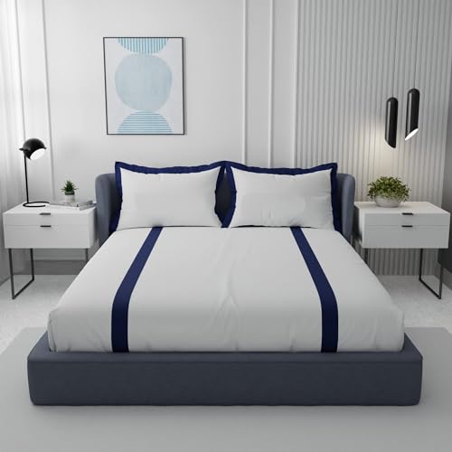 Image of Stoa Paris Satin Bedsheet for King Size Bed, 225TC Bedsheet with 2 Pillow Covers, Breathable and Soft Premium Bedsheet for Home & Living Room (White-Blue)