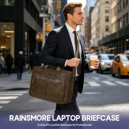 Image of RAINSMORE Messenger Bag For Men 16 Inch Laptop Bag Waterproof PU Leather Briefcase Large Capacity Vintage Satchel Computer for Office Work Business Travel,Brown