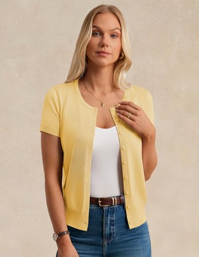 Image of GRACE KARIN Women Short Sleeve Cardigan, 2026 Summer Knitted Sweater Tops, Basic Crew Neck Crop Outfits