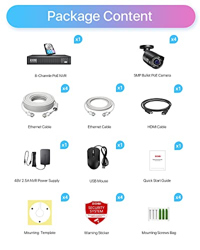 Zosi 8 Channel 5Mp Poe Home Security Camera System Outdoor, 4 X Wired 5Mp(3K) Bullet Poe Ip Cameras, 8Ch Poe Nvr With 1Tb Hdd For 24/7 Recording, Motion Detection, Remote Control #TOP7